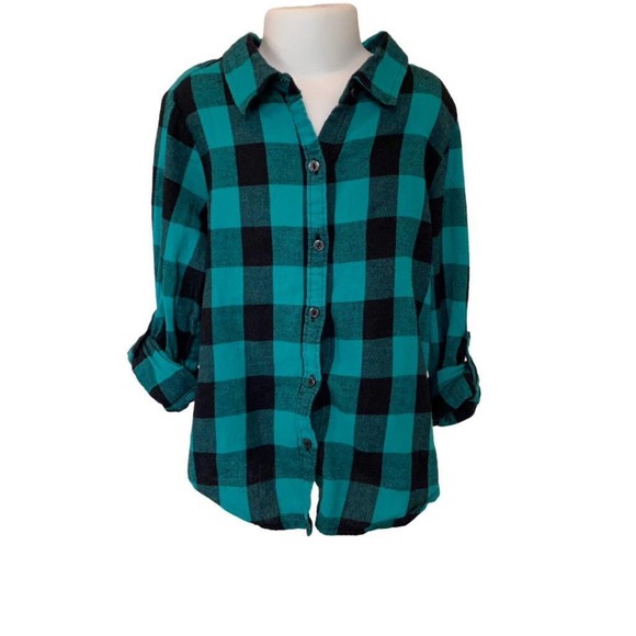 Girls Medium 7/8 Teal Green & Black Plaid Button Down Flannel Shirt - Picture 1 of 2